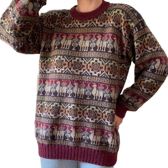 Vintage 90s Mens Peruvian Alpaca Wool Striped Geometric Oversized Sweater Sz L - Picture 2 of 6